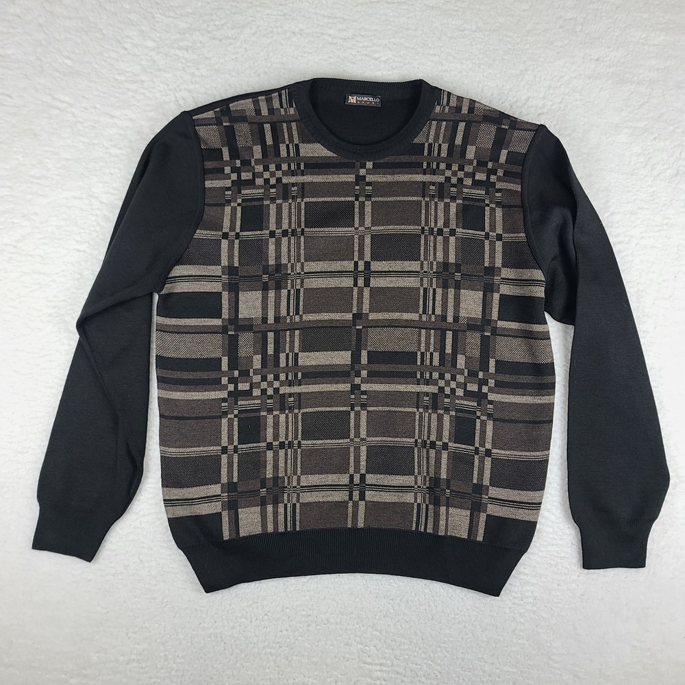Marcello Sport Sweater‎ Mens XL Black Brown Crewneck Sweatshirt Merino Acrylic